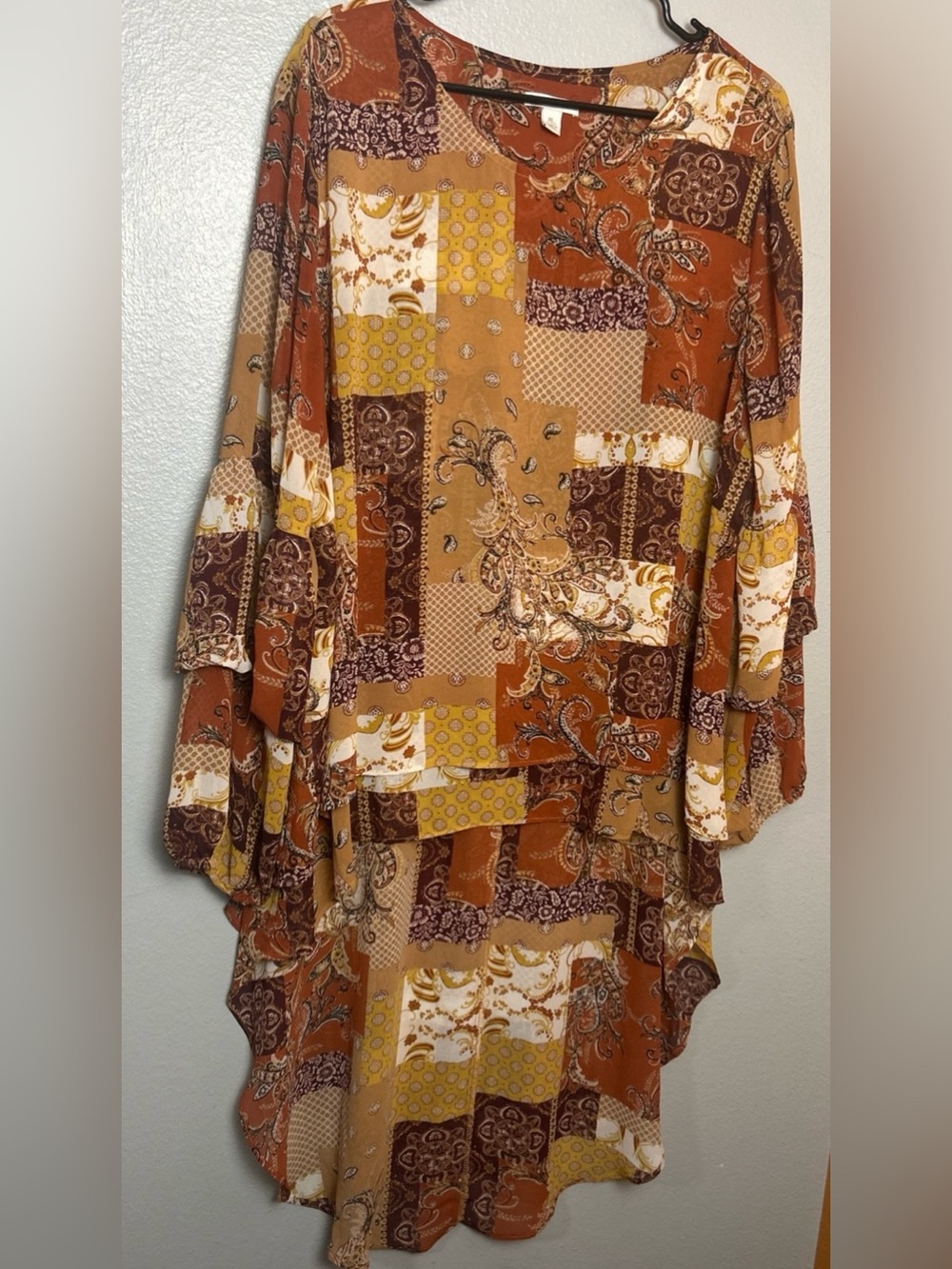 Women’s Bohemian Patchwork Paisley High Low Two Layer Ruffle Sleeve Blouse, XL